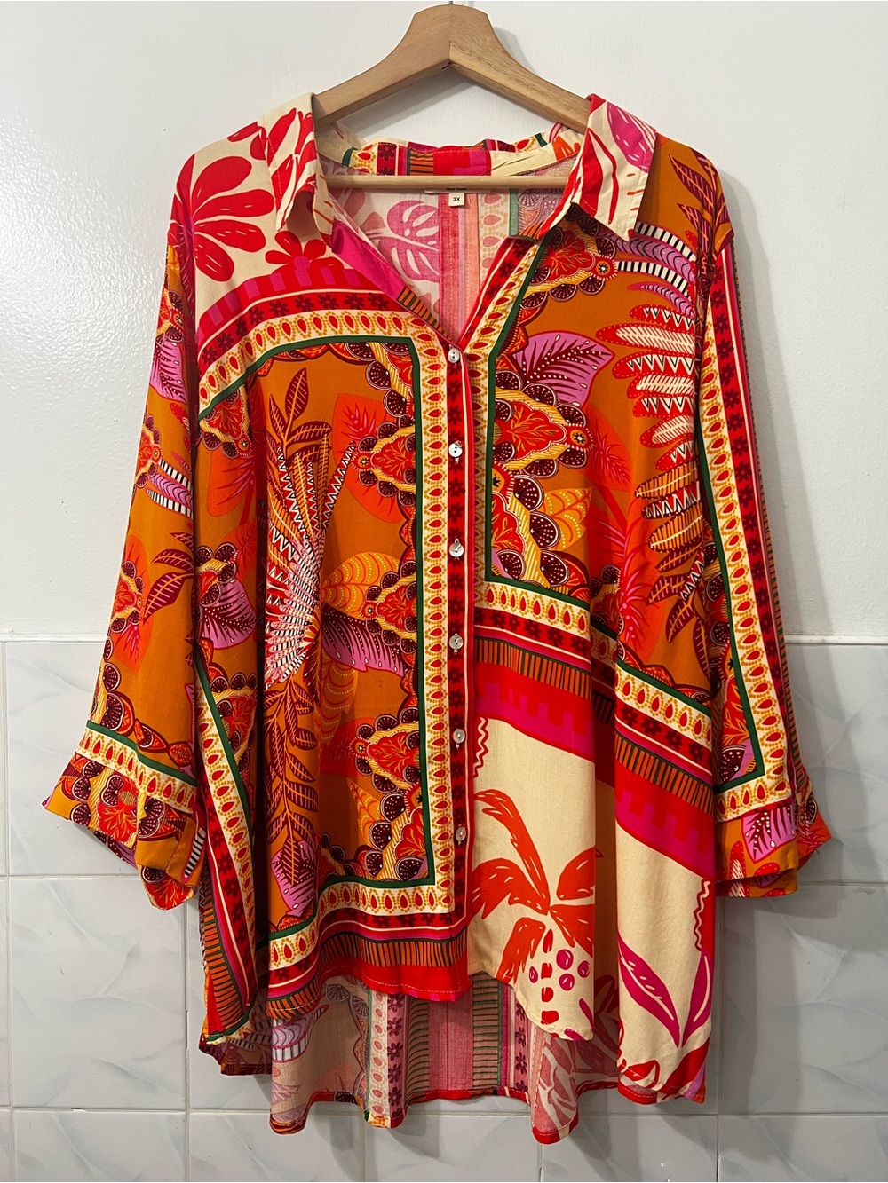 Women’s 3/4 Sleeve Tropical Boho Patchwork Button Up Shirt Top 3XL Dopamine